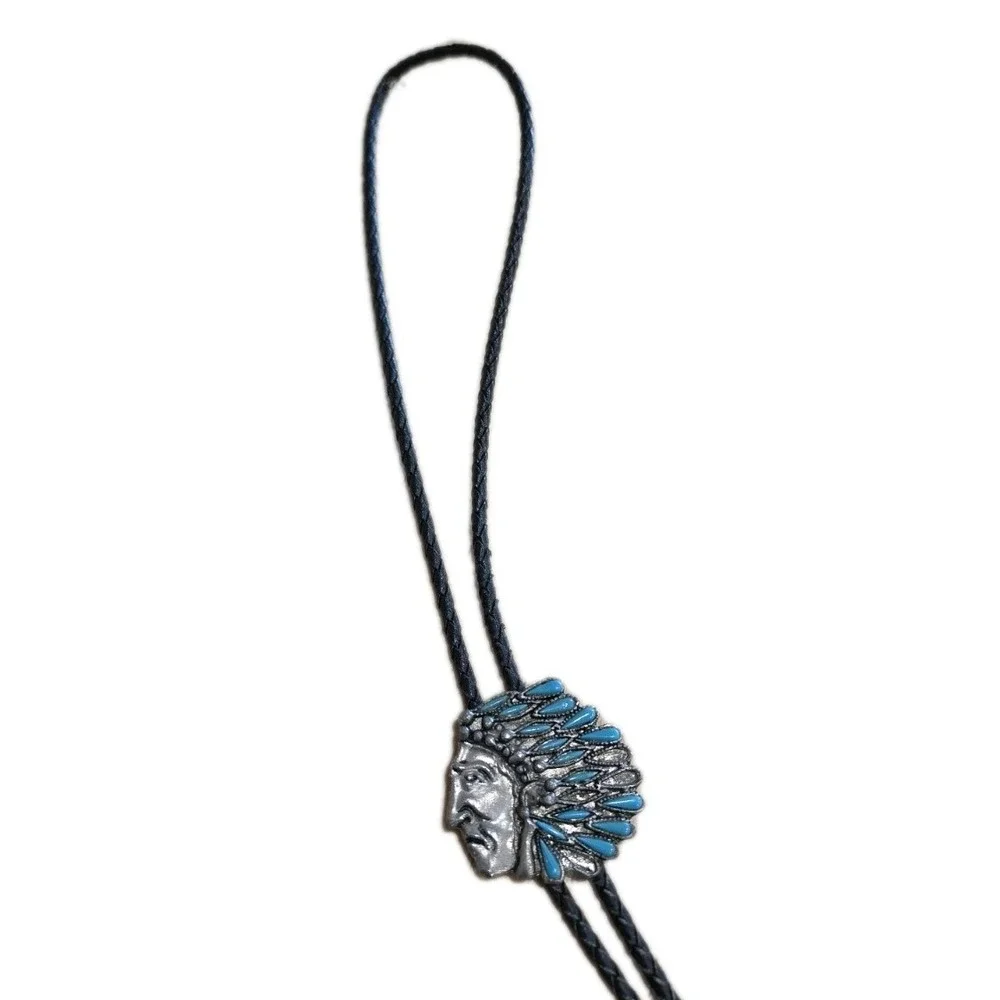 VTG Western Indian Chief‎ Bolo Tie Silver Tone Light Blue Turquoise Color Cowboy